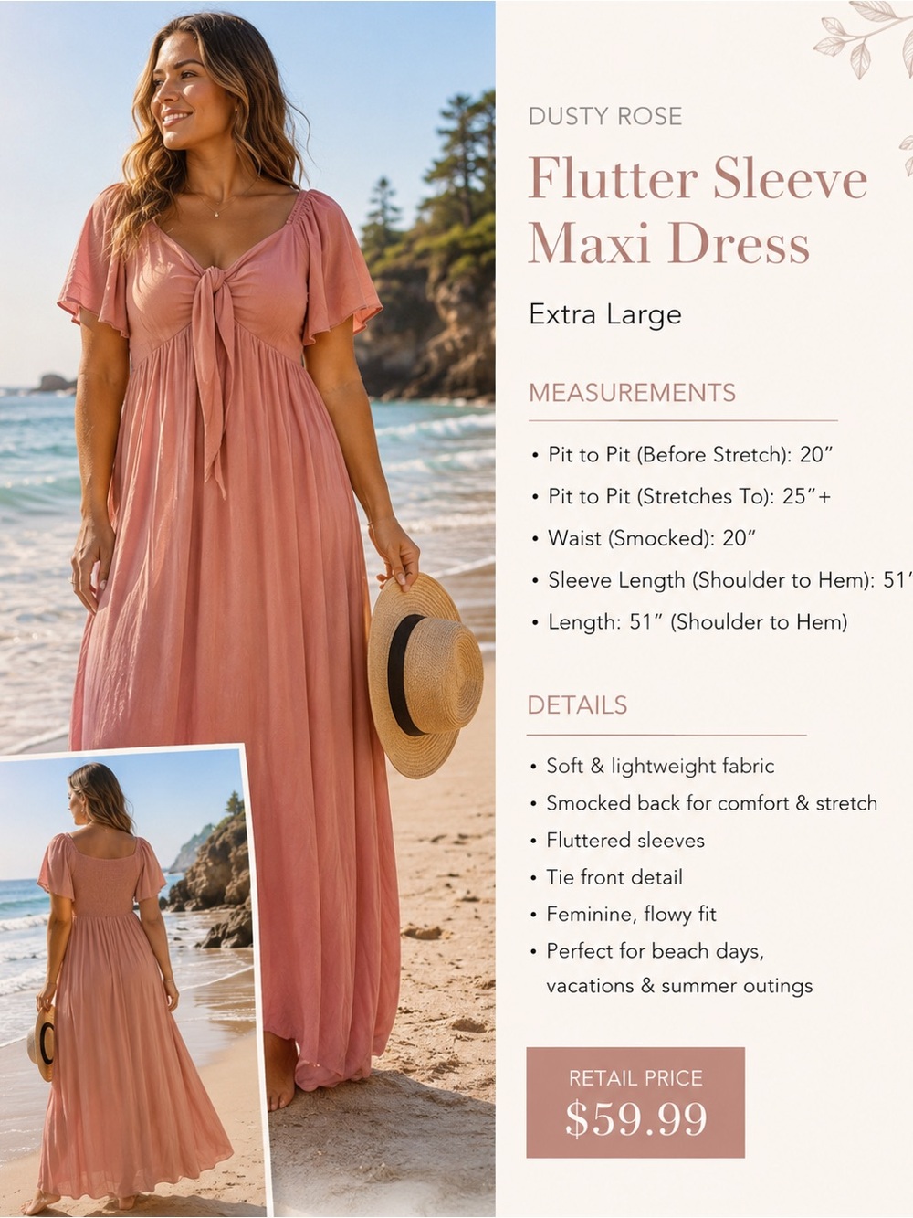 Dusty Rose Tie-Front Flutter Sleeve Maxi Dress – Size XL